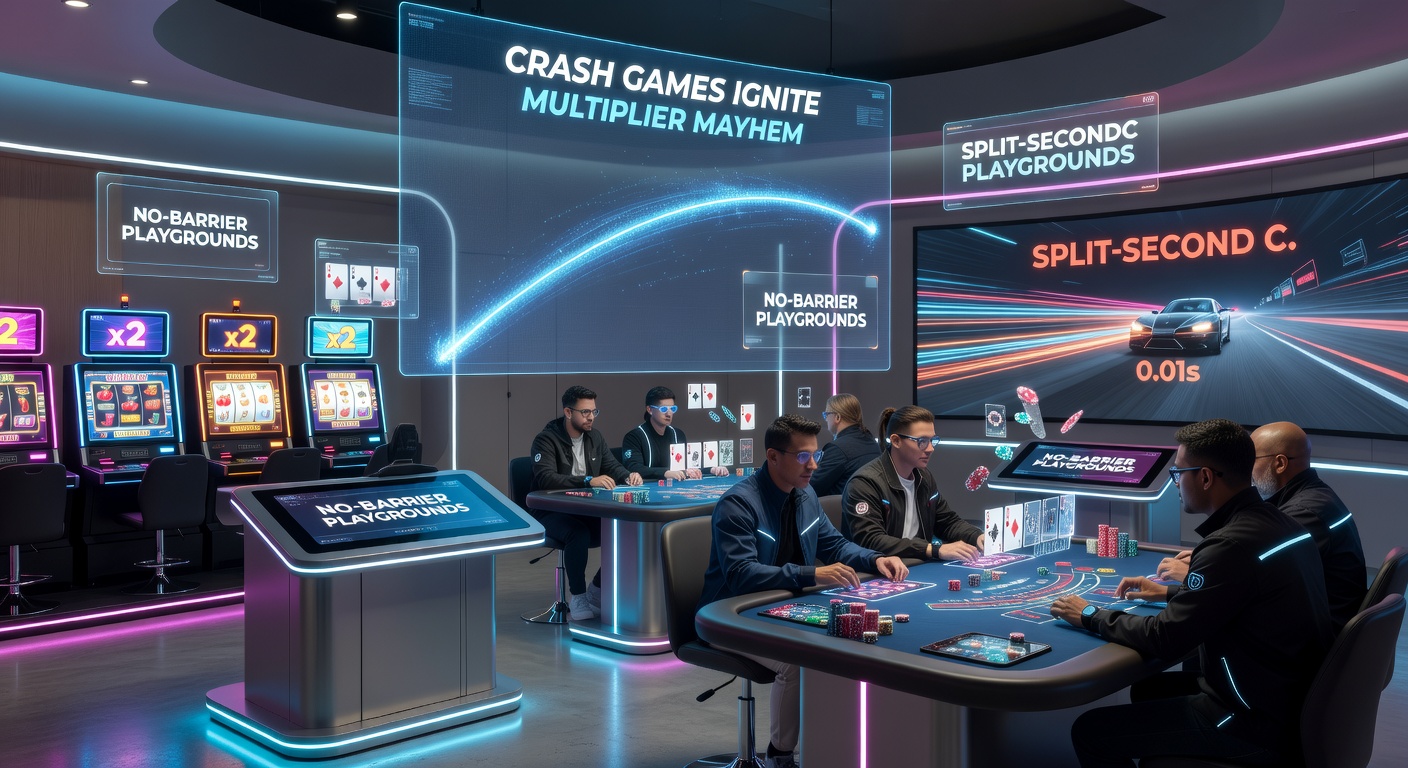 Screenshot of a bustling online casino dashboard featuring crash game in action beside spinning slots and a live roulette wheel, with cashout buttons glowing prominently