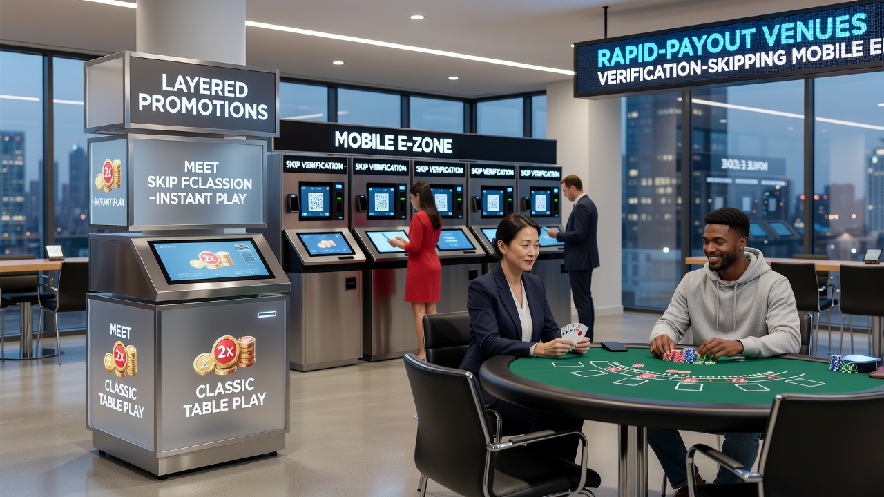 Players engaging with classic table games and layered bonuses on verification-free mobile casino interfaces