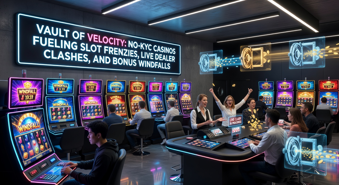 Sleek mobile screen showcasing a no-KYC casino dashboard with spinning slots, live dealer blackjack in progress, explosive bonuses, and lightning-fast payout icons